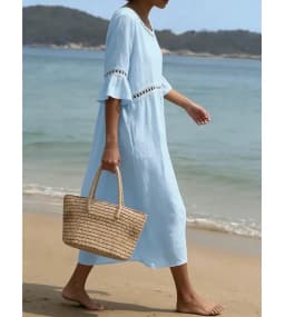 Hollow-out Solid Cotton Linen A-Line Dress Woman O Neck High Waist Loose Dresses Summer Flare Sleeve Beach Vacation Dress