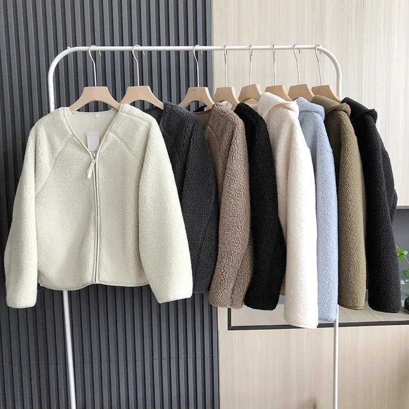 Soft Lamb Fur Short Coat Autumn New Style Comfortable Loose Women's Outerwear Pure Color Commute Style Zipper Closure Long Sl...