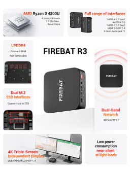 Firebat R3 Mini Pc Amd Ryzen 3 4300U Lpddr4 16Gb Ram M.2 Sata 512Gb Rom Wifi6 Bt5.2 1000m Lan Windows11 Desktop Computer