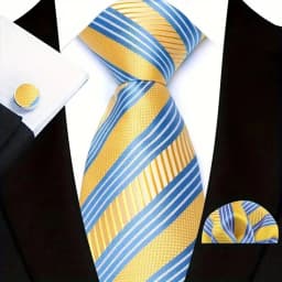 3Pcs Men's Yellow Color Stripes Plaid Solid Ties Pocket Square Cufflinks Wedding Prom Accessories 8cm Cravat Gift for Men