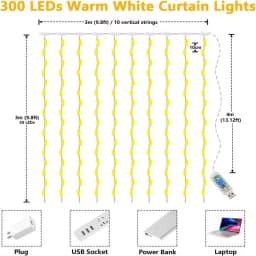 3M LED Curtain String Lights Fairy Decoration USB Holiday Garland Lamp with 8 Modes Home Garden Christmas Party New Year Wedding