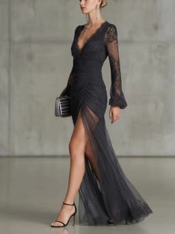 Black Lace Evening Dress V Neck Full Sleeves A Line Mermaid Prom Formal Occasion Dress Elegant Party Dresses Gowns
