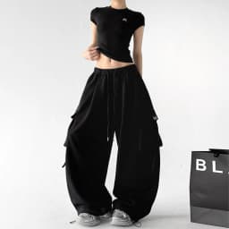 American Hip-hop Cargo Tooling Sweatpants Big Pocket Streamer Wide Leg Pants Women Baggy Pants