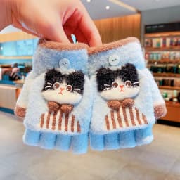 Korean Cute Kids Cartoon Cat Bow Flip Plush Mittens 6-12 Years Old Children Winter Warm Convertible Half Finger Writing Gloves
