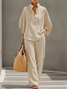 Fashion Cotton Linen Button Stand Collar 9 Quarter Sleeves Loose Women's 2-piece Suit Spring Casual Wide Leg Pants Suit Female