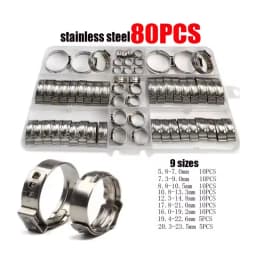 304 Stainless Steel Single Ear Stepless Hose Clamps Assortment Kit Water Pipe Sealing Clips with 1PC Professional Clamp Pliers