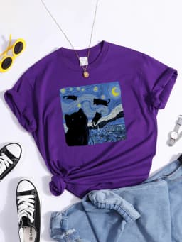 Vincent Van Gogh Starry Night Cute Cat In Painting Print Women's t-Shirt Hip Hop Soft Tops Loose Tshirt Summer Women's Tshirts