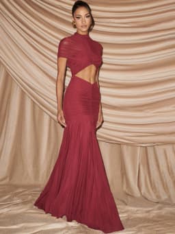 JULISSA MO Patchwork Sexy Hollow Out Sheer Mesh Women Maxi Dress Turtleneck Ruched Dress Spring Slim Elegant Party Evening Dress