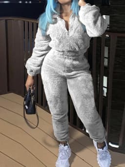 Women Two Pieces Pant Sets Fuzzy Solid Matching Set Long Sleeves Coat Elastic Waist Straight Pants Slim Fit Casual 2026 Autumn