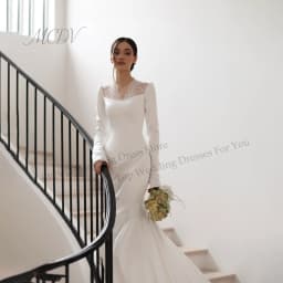 Elegant V-Neck Satin Wedding Dresses Bridal Long Sleeve Sweep Train Zipper Back Mermaid Bridal Gown свадебное платье Customized