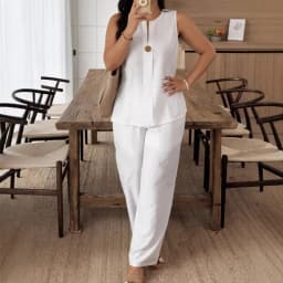 Summer Women Fashion 2 Piece Set Solid Button Tank Tops & Vintage HIgh Elastic Waist Pants Sets Female Chic Pants Suit Outfits
