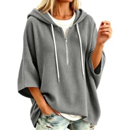 Women Waffle Knit Hoodie Half Zip Drawstring 3/4 Batwing Sleeve With Side Pockets Loose Oversized Pullover Solid Autumn Hoodies