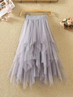 Women Sweet Midi Spring And Summer High Waist Solid Asymmetrical Elegant Chic White Mesh Tulle Skirts Faldas