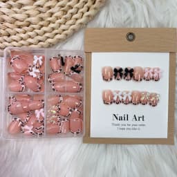 24/96pcs Nude Leopard French Bowknot False Nails Short Round Square Press On Nails Y2K Cute Leopard Bow Actylic Fake Nails Tips