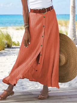 Summer Women's Skirt Cotton Linen Important Button Slit Flower Print Fashion Versatile Vacation Beach Midi Skirt