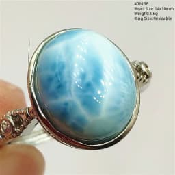 Natural Blue Larimar Oval Adjustable Ring Jewelry Water Pattern Real Larimar For Women Men Healing Fashion Stone AAAAAA