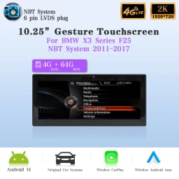 AUTOTOP 10.25'' 8+128G 1920*720P Car Gesture Control Screen Carplay Android Auto For BMW X3 F25 CIC NBT 2011-2017,BT 4G LTE WIFI