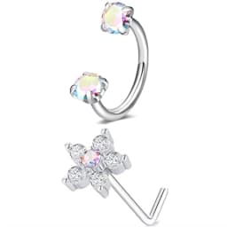 6/2pcs Horseshoe Nose Rings With L-Shape Nose Stud, Stainless Steel Rianbow CZ Nose Ring,, Lip Eyebrow Helix Ear Piercing