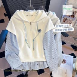 Korean chic minority stripe stitching and overlapping fake two-piece college loose hooded semi-zipper long-sleeved sweater top