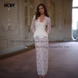 Customized White Mermaid Bow Collar Wedding Dress Lace Long Sleeve Lace-Up vestidos de noche Floor-Length robe de mariée