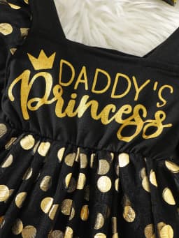 Black and Gold Polka Dot Mesh Puff Sleeve Square Neck Romper Dress + Bow Headband Daddy’S Princess Gold Foil Print Baby Girl Birthday Party Dress Set