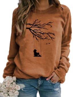 Women's Autumn and Winter Loose Casual Comfortable Tree and Bird Design Printed Velvet Long-Sleeved Round Neck Hoodie Pullover
