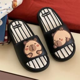 Women Cute BathSlippers Capybara Decor Stripes Thick Soft-Sole Bathroom Beach Summer Couple Black White Casual Non-slip Home New