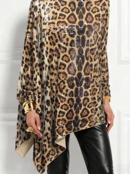 Casual Irregular Hem Sequin Blouses Women Elegant Leopard High Collar Long Sleeve Loose Tops Party Metallic Brown Pullover Shirt