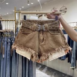 Retro Brown Shorts with A Cut Waistband High Waist Personalized Fashion Wide Leg Hot Pants Shorts Women