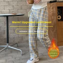 plus Size Plaid Pants Women's High Waist Straight Leg Fce Lined Casual Home Wear Polyester Fiber Elastic Band China Made