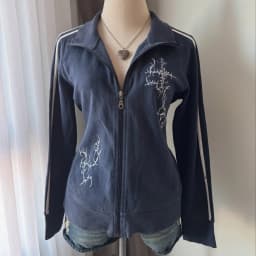 Y2K Striped Embroidered Jacket Harajuku Classic Retro Navy Blue Collared Zip Up Hoodie Goth Geometric Print Slim Fit Sweatshirt