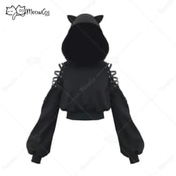 Meowcos Women's Sexy Cute Gothic Dark Style Cat Ear Plush Long Sleeves Strap Decorated Hoodie Women Hooded Coat Pullover Top