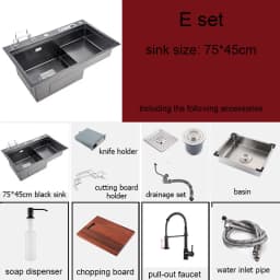 High and Low Kitchen Sink With Knife Holder Cutting Board Rack Stainless Steel Pia Matte Black Sink Vegetable Washing Basin