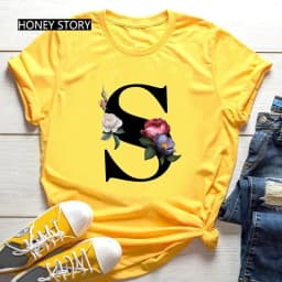 Large Size Yellow T-shirt for Men And Women with Black Fashion Trend Print of Flowers 26 English Letters Casual Short Sleeve Top