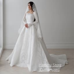 Gorgeous Lace Wedding Dress for Bride Customized Square Neck Long Sleeves Sweep Train Arabic Bridal Gown Vestido De Noiva
