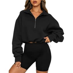 Women Half Zip Sweatshirt Cropped Pullover Oversized Long Sleeve Drawstring Hem Hoodie Y2K Athletic Sportswear