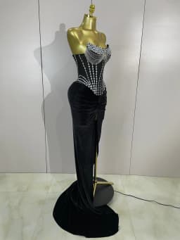 Luxury Sparkly Rhinestones Mesh Sexy Split Velvet Long Dress With Gloves Birthday Celebrate Wedding Gown Stage Photo Shoot Wear