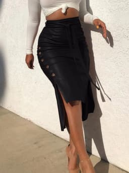 Women Trendy PU Leather Midi Skirt Solid Color High Waist Lace-up Side Button Slim Skinny Pencil Skirt for Ladies Streetwear