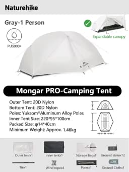 Naturehike Mongar 1 2 3 Base/UL/PRO Camping Tent Ultralight Outdoor Waterproof Hiking Tent 1 2 3 Person Backpacking Tent