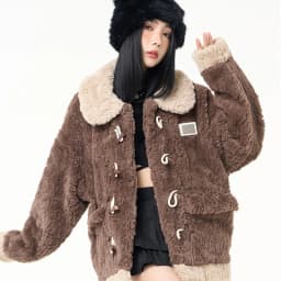 Chic Brown Women Shearling Jacket Toggle Button Coat Contrast Collar Loose Cozy Preppy Streetwear Winter Outerwear Top