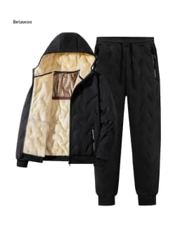 Quilted Thick Fleece Lined Men Winter Two Piece Suit Hooded Zip Outerwear And Jogger Pants With Functional Zipper Pockets