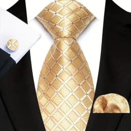 3Pcs Men's Yellow Color Stripes Plaid Solid Ties Pocket Square Cufflinks Wedding Prom Accessories 8cm Cravat Gift for Men