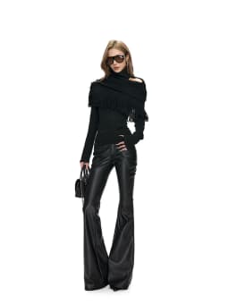 Lautaro Spring Autumn Long Fitted Soft Black Pu Leather Flare Pants for Women Low Waist Sexy Luxury Designer Gyaru Clothes 2026