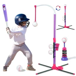 3-in-1 Kids Baseball Toy Set with Hanging Ball Stand/Standing T-Ball/Auto Launcher, Adjustable Height Toddler Baseball Set