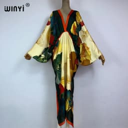 Sexy Beach High-Quality Hand-Rolled Feel Silk Rayon Fashion Print 2021 WINYI Maxi Women's Robes Long Beach V-Neck Bohemian Dress