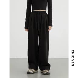 CHIC VEN Women's Pant Streetwear Solid Loose New Drawstring Sports Casual Trousers High Waisted Pants Autumn Winter 2025
