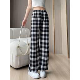 Afashion Lamb Velvet Fleece Lined Thick Plaid Casual Pants Women's Autumn Winter Loose Straight Leg Wide Leg Cotton Sleepwear Tr