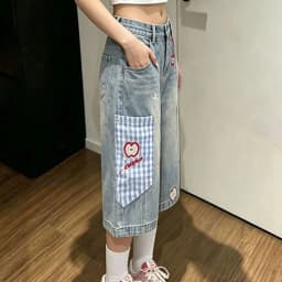 Apple plaid embroidered seven-point jeans women's summer thin lazy wide-leg straight tooling shorts trendy middle pants
