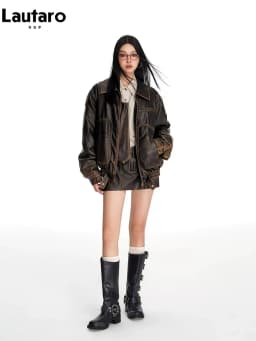 Lautaro Spring Autumn Cool Handsome Vintage Distressed Brown Pu Leather Jacket Women Faux Fur Collar Luxury Designer Clothing