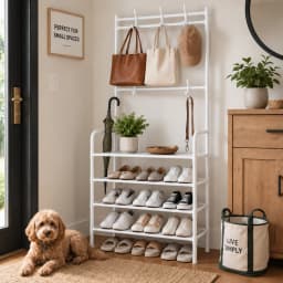 White5 Tier Shoe Rack with Hooks, Space Saving Entryway Organizer for Shoes, Bags, Hats, Closet & Bedroom